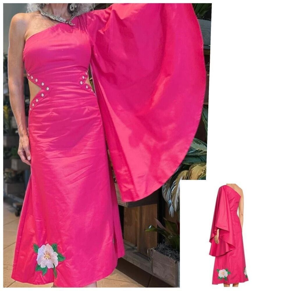 Fanm Mon Amarya one-shoulder bell sleeve, cut-out floral embroidered midi dress